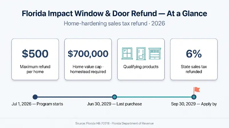 Florida impact window and door sales tax refund at a glance: up to $500 back, homestead homes with just value of $700,000 or less, impact-resistant windows exterior doors and garage doors, purchases July 1 2026 to June 30 2029, apply to the Department of Revenue by September 30 2029