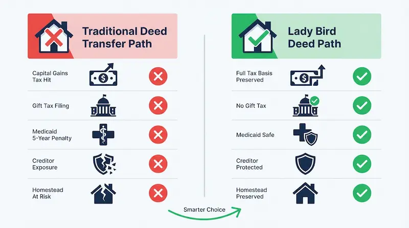 Infographic comparing traditional deed transfer versus Lady Bird deed in Florida — traditional path shows capital gains tax hit, gift tax filing, Medicaid 5-year penalty, creditor exposure, and homestead risk, while Lady Bird deed preserves tax basis, avoids gift tax, is Medicaid safe, protects from creditors, and preserves homestead exemption
