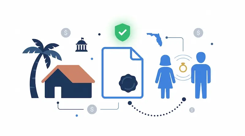 Adding a spouse to a property deed in Florida — married couple linked to deed document with creditor protection shield, courthouse, and Florida state outline