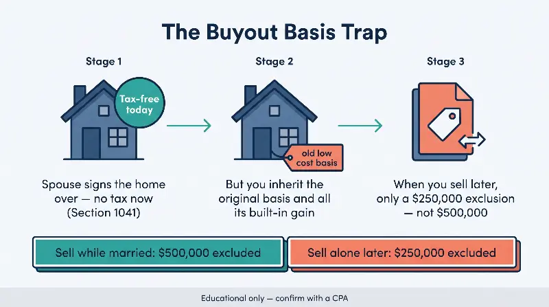 How the buyout basis trap works: a Section 1041 spousal transfer is tax-free today, but the spouse who keeps the house also inherits the original low cost basis and all the built-in capital gain, and later has only a $250,000 single exclusion instead of $500,000, so an equal split of house-versus-cash is not truly equal once the future tax bill is counted