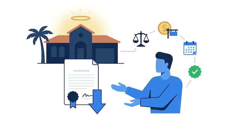 Inheriting a Florida home — house with inheritance halo, person receiving property deed with step-down transfer arrow, scales of justice for probate, calendar for key deadlines, and green checkmark for successful title transfer