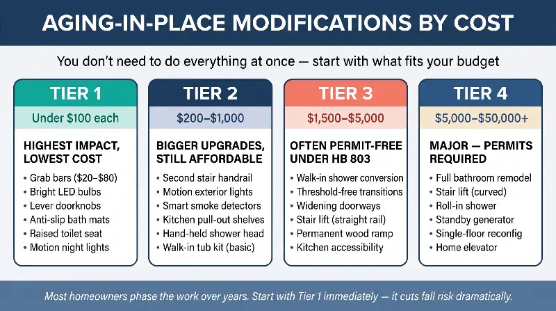 Infographic showing aging-in-place modifications organized by cost tier with the message that you don't need to do everything at once. Tier 1 (under $100 each) highest impact lowest cost: grab bars $20-$80, bright LED bulbs, lever doorknobs, anti-slip bath mats, raised toilet seat, motion night lights. Tier 2 ($200-$1,000) bigger upgrades still affordable: second stair handrail, motion exterior lights, smart smoke detectors, kitchen pull-out shelves, hand-held shower head, walk-in tub kit (basic). Tier 3 ($1,500-$5,000) often permit-free under HB 803: walk-in shower conversion, threshold-free transitions, widening doorways, stair lift (straight rail), permanent wood ramp, kitchen accessibility. Tier 4 ($5,000-$50,000+) major permits required: full bathroom remodel, stair lift (curved), roll-in shower, standby generator, single-floor reconfig, home elevator. Most homeowners phase the work over years; start with Tier 1 immediately to cut fall risk dramatically.
