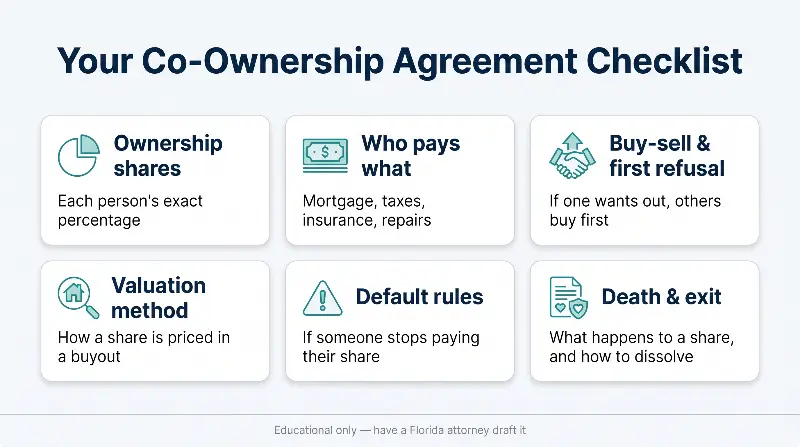 Co-ownership agreement checklist for Florida co-buyers: each owner's ownership percentage, who pays what share of mortgage, taxes, insurance and repairs, what happens if someone wants out or stops paying, a buy-sell clause and right of first refusal, how the home is valued in a buyout, and what happens on an owner's death