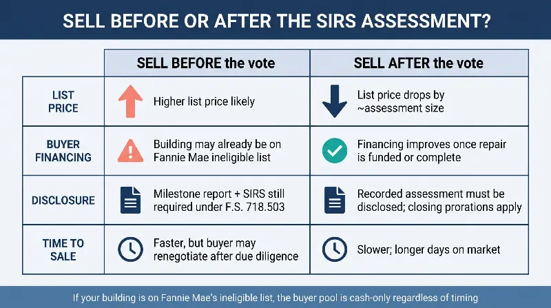 Decision matrix infographic comparing selling a Florida condo before vs after a SIRS-driven special assessment, across four dimensions: list price impact, financing availability, disclosure scope under F.S. 718.503, and time to sale. Includes the Fannie Mae ineligible-list condition that collapses the buyer pool to cash regardless of timing.