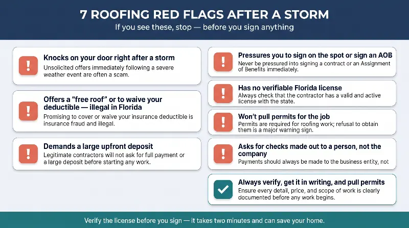 Seven roofing red flags after a Florida storm: door-to-door solicitation, free roof or waived deductible offers, large upfront deposits, pressure to sign an Assignment of Benefits, no verifiable license, refusing to pull permits, and asking for checks made out to a person