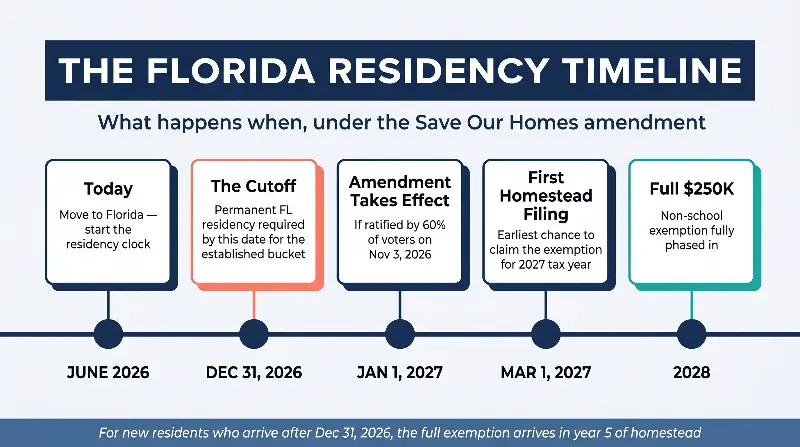 Horizontal timeline infographic showing the Florida residency timeline under the Save Our Homes amendment: today (June 2026) move to Florida and start the residency clock; December 31, 2026 the cutoff for the established bucket; January 1, 2027 amendment takes effect if ratified November 3, 2026; March 1, 2027 first homestead filing for 2027 tax year; 2028 full $250,000 non-school exemption fully phased in