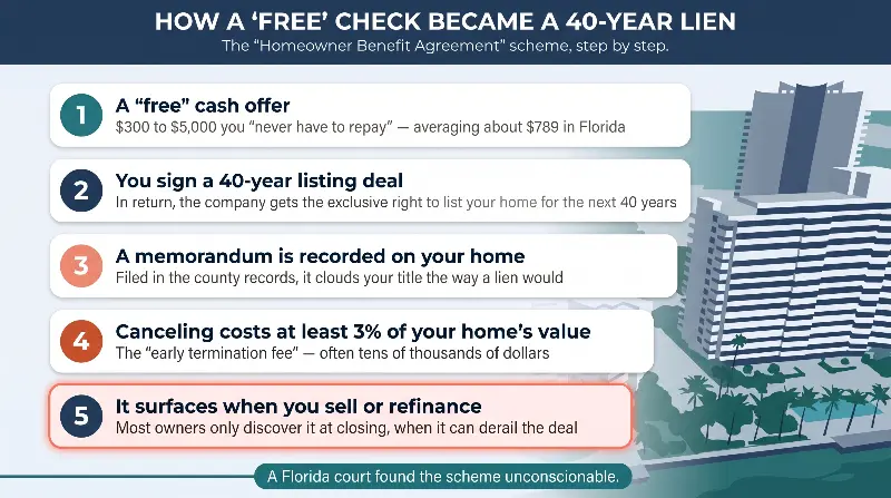 How MV Realty's free check became a 40-year lien: a small cash offer, a 40-year exclusive listing deal, a memorandum recorded on the home, a 3 percent cancellation fee, and a claim that surfaces when you sell or refinance