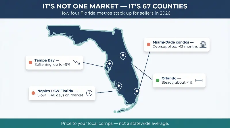 Florida metro housing market breakdown for sellers in 2026: Tampa Bay softening up to 9 percent, Naples and Southwest Florida slow at around 140 days on market, Miami-Dade condos oversupplied at roughly 13 months with median below 400 thousand dollars, and Orlando steady at about plus 1 percent
